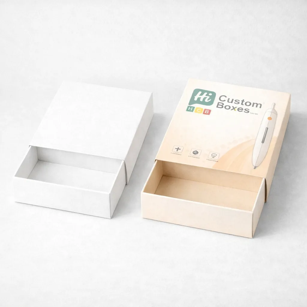 Two drawer-style slide boxes, one plain white and one with custom printed mole removal pen graphics. class=